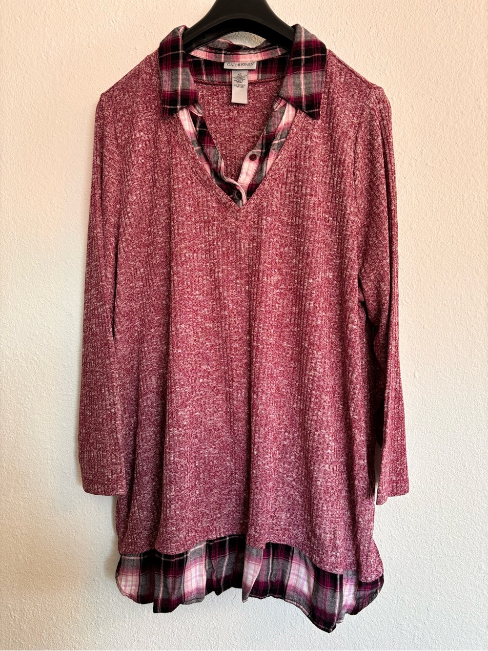 Catherines Layered Look Pink Plaid Waffle Knit Tunic Top | 2X